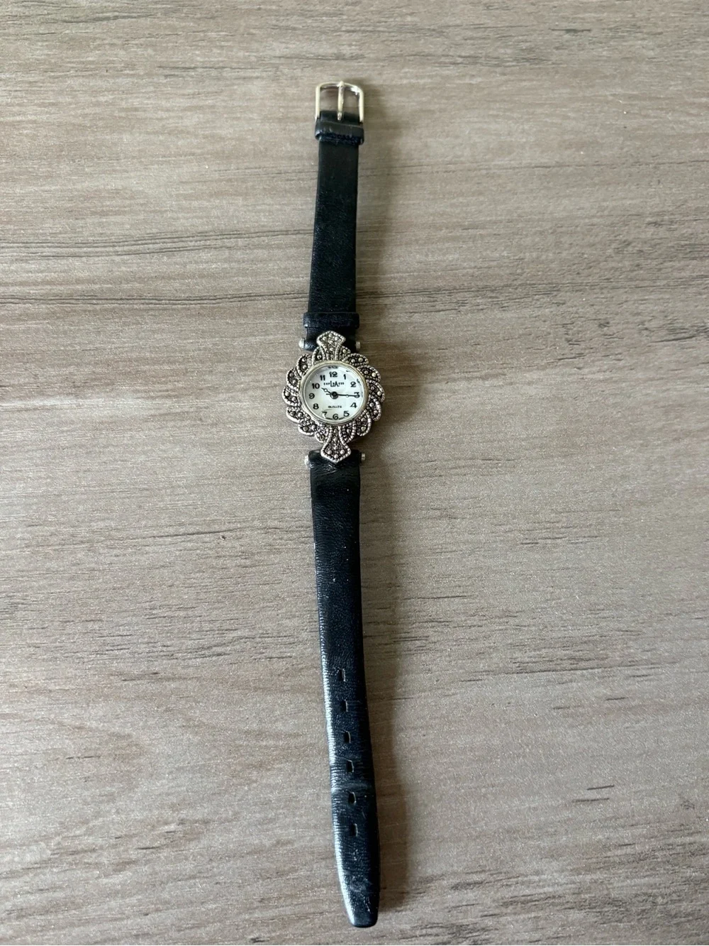 Express LA Marcasite Style Watch Black Leather Band Vintage Inspired Quartz